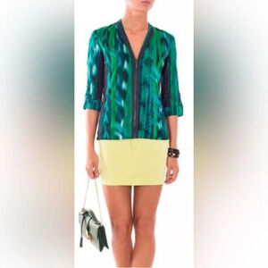 Elie Tahari Green Blue Abstract Print Zip Blouse Size Large